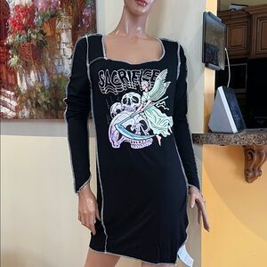 Black Graphic bodycon mini dress XL with Angel fairy & goth  Skull Design nwt